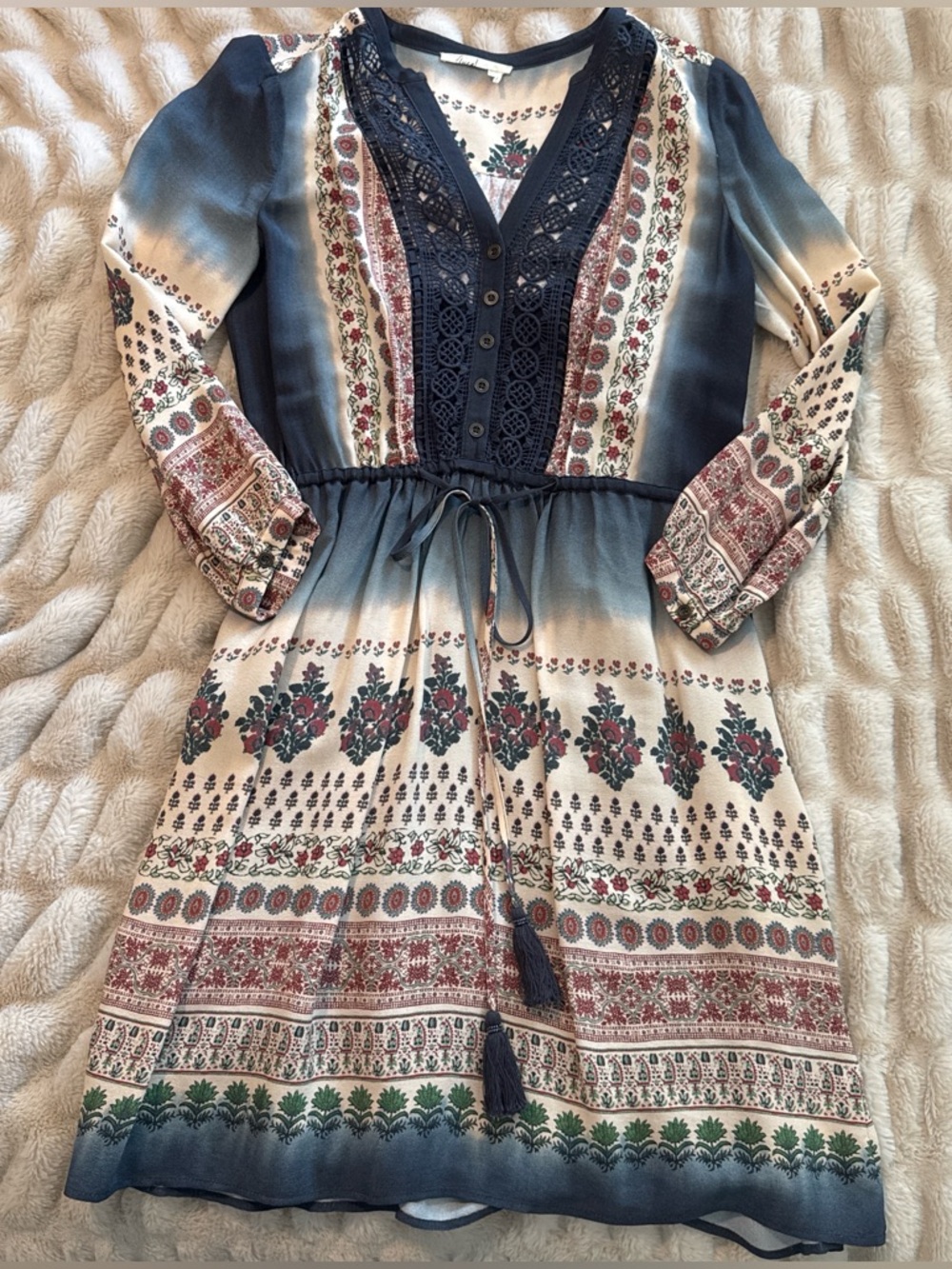 Anthropologie Floreat Boho Border Print Midi Dress Crochet Bib Tassel Tie Size 4 - Picture 4 of 12